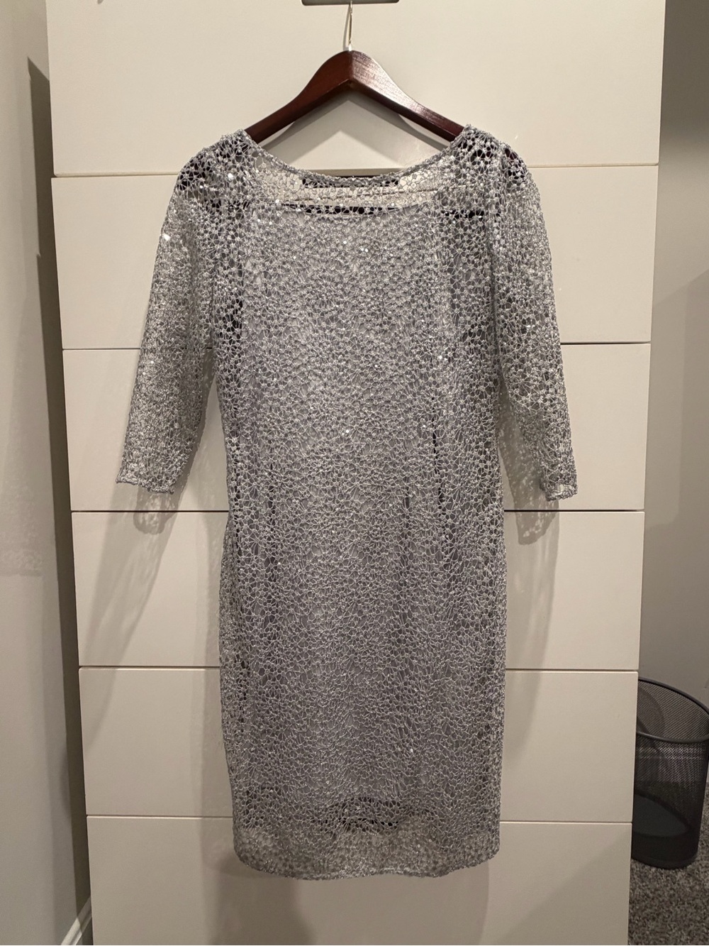 Alex Evenings Silver Crochet Midi Dress
